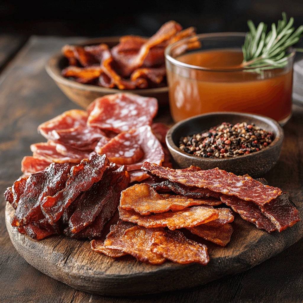 A vibrant and appetizing spread of carnivore diet snacks, including homemade beef jerky, crispy pork rinds, bacon crisps, and assorted cured meats like salami and prosciutto, with a bowl of bone broth on the side. Set on a rustic wooden board with a warm, inviting kitchen backdrop.